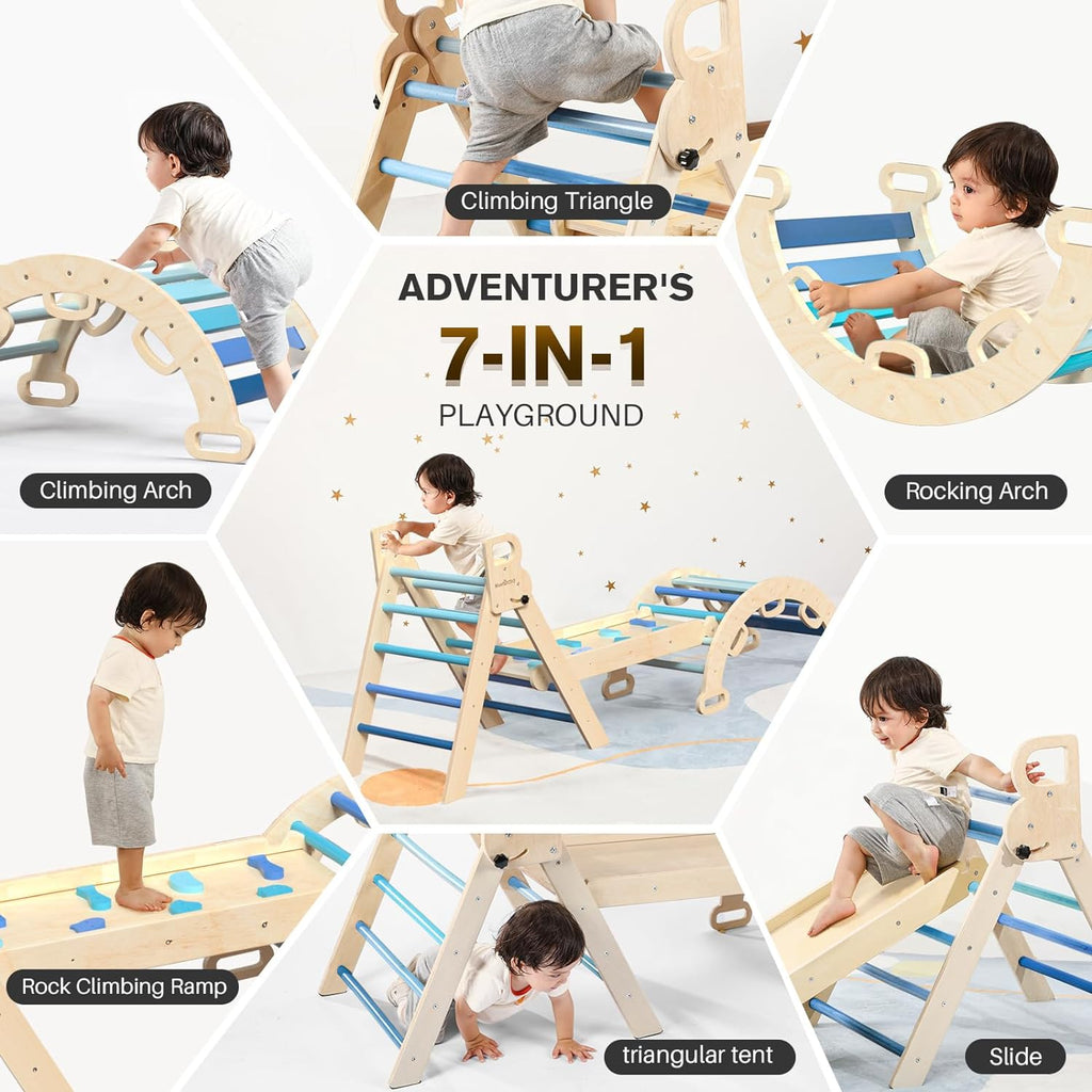 2026 Pikler-Dreieck-Set, 7-in-1, faltbares Baby-Kletterspielzeug, hölzernes Montessori-Kletterset mit Bogen, Rampe und Leiter, Baby-Klettergerät, Indoor-Klettergerüste für Kleinkinder, Montessori-Spielzeug – Regenbogen