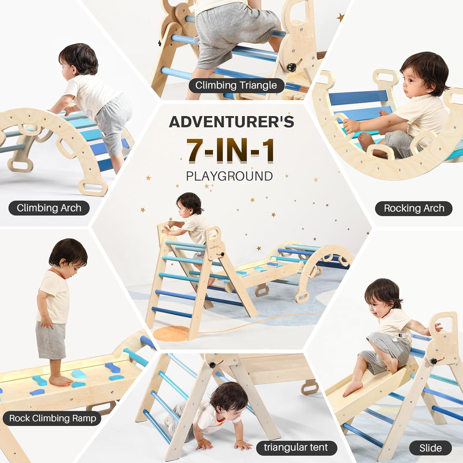 2026 Pikler-Dreieck-Set, 7-in-1, faltbares Baby-Kletterspielzeug, hölzernes Montessori-Kletterset mit Bogen, Rampe und Leiter, Baby-Klettergerät, Indoor-Klettergerüste für Kleinkinder, Montessori-Spielzeug – Regenbogen