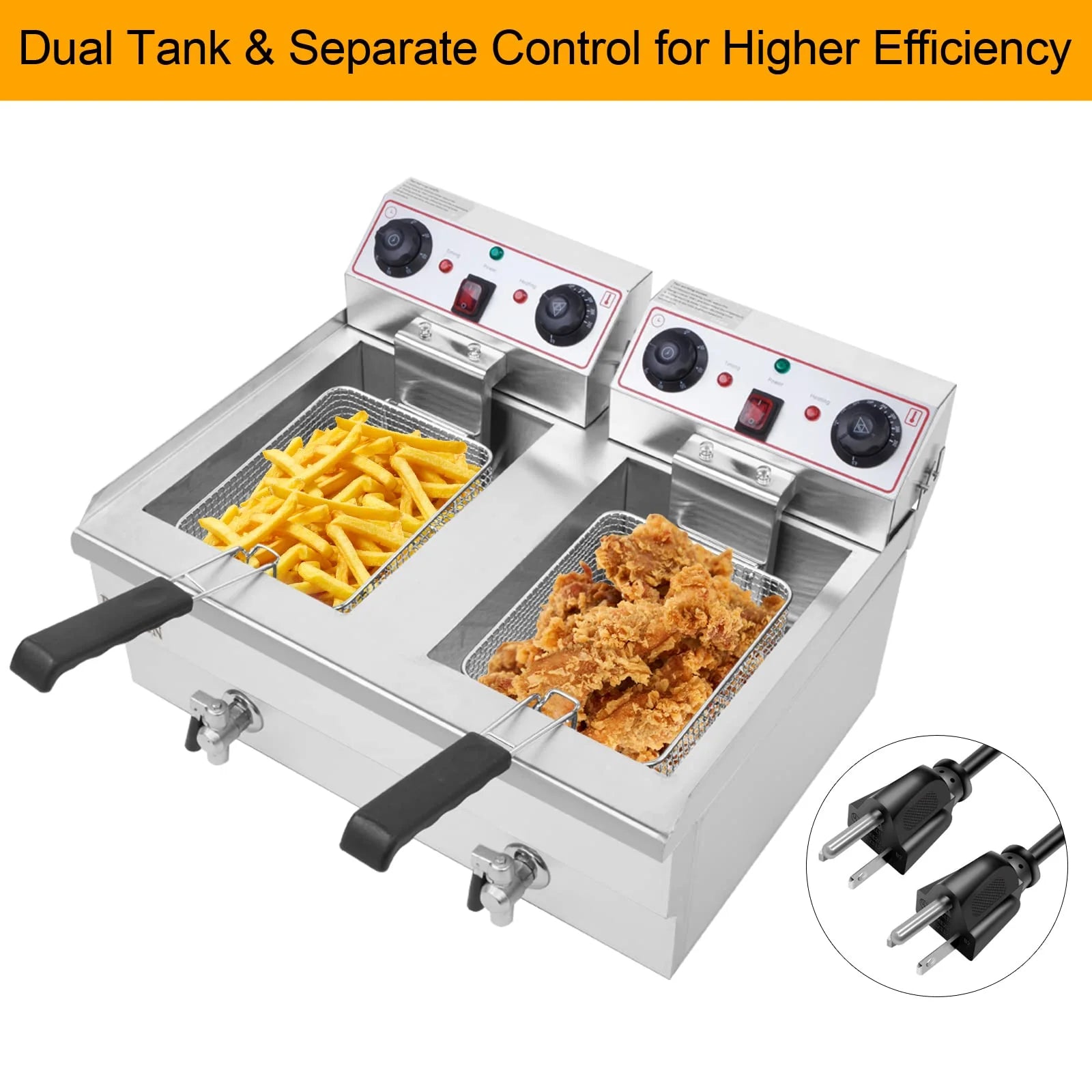 2026 24.9 QT 110V 3400W Double Tank Electric Deep Fryer with Timer & Oil Drain
