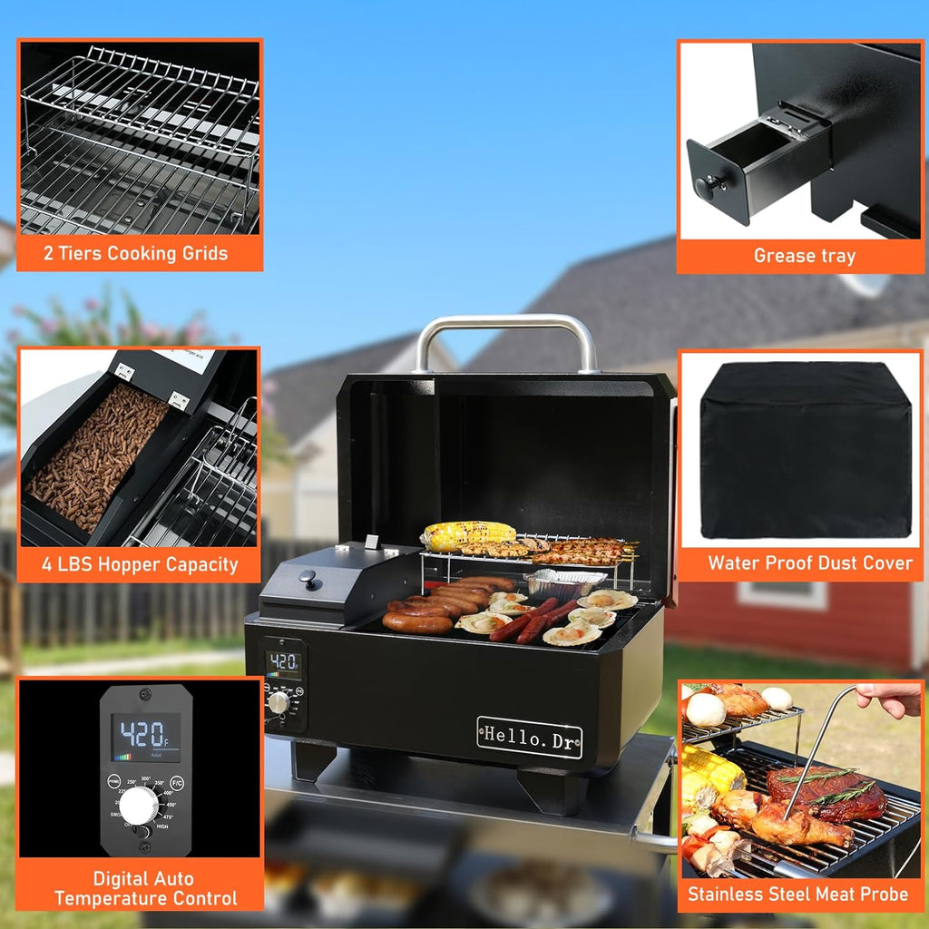 2026 Tragbarer Holzpelletgrill und Smoker, elektrischer 8-in-1-Tischgrill für den Außenbereich, für Wohnmobil-Camping, Tailgating, Wohnmobil-Kochen, BBQ, intelligente Temperaturregelung und Heißdampftechnologie