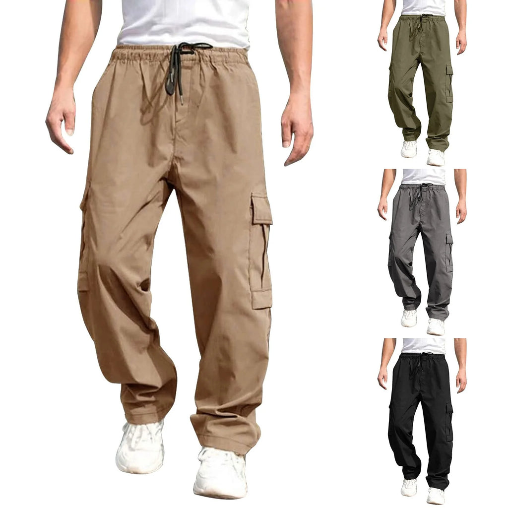 2026 Men's Casual Straight Cargo Trousers Drawstring Waist Pockets Style Everyday