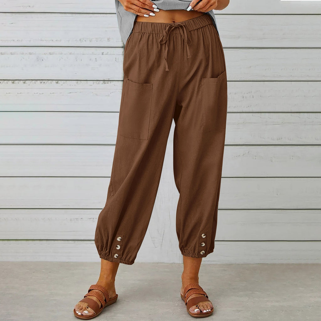 Pantalon à cordon à nouer en coton et lin poches décontracté pour femme
