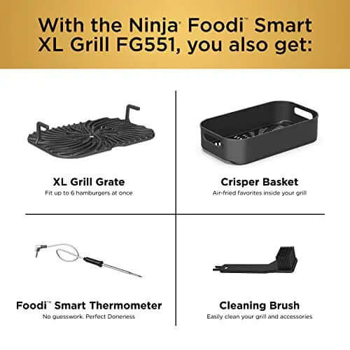 2026 2025 Ninja FG551 Foodi Smart XL Grill d’Intérieur 6-en-1 avec Friteuse à Air 4 Quart – Finition Acier Inoxydable