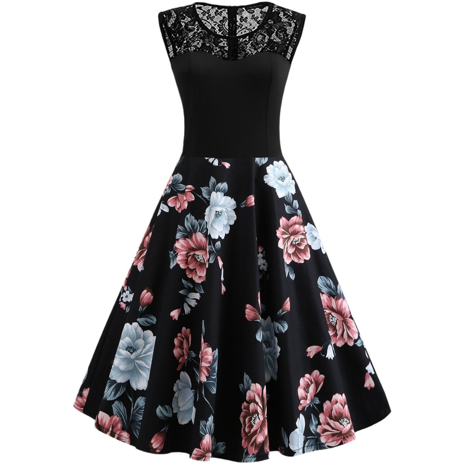 Women's Sleeveless Floral Retro Dress Lace Stitching Mid Length Cotton - LAKD London