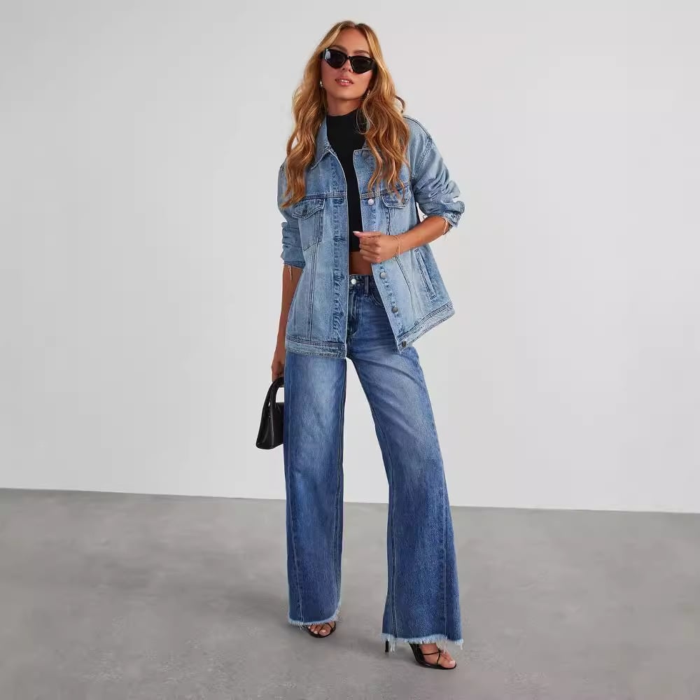 Jean taille haute jambes droites en denim confortable coupe ajustée pour femme