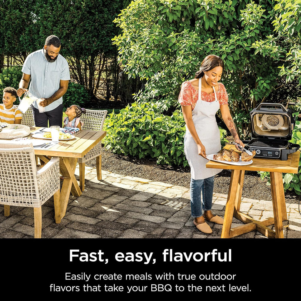 2026 Ninja Woodfire Pro Gril et fumoir 7 en 1 avec thermomètre, friteuse à air, barbecue, pâtisserie, grillades, grillades, barbecue électrique portable pour extérieur, gris