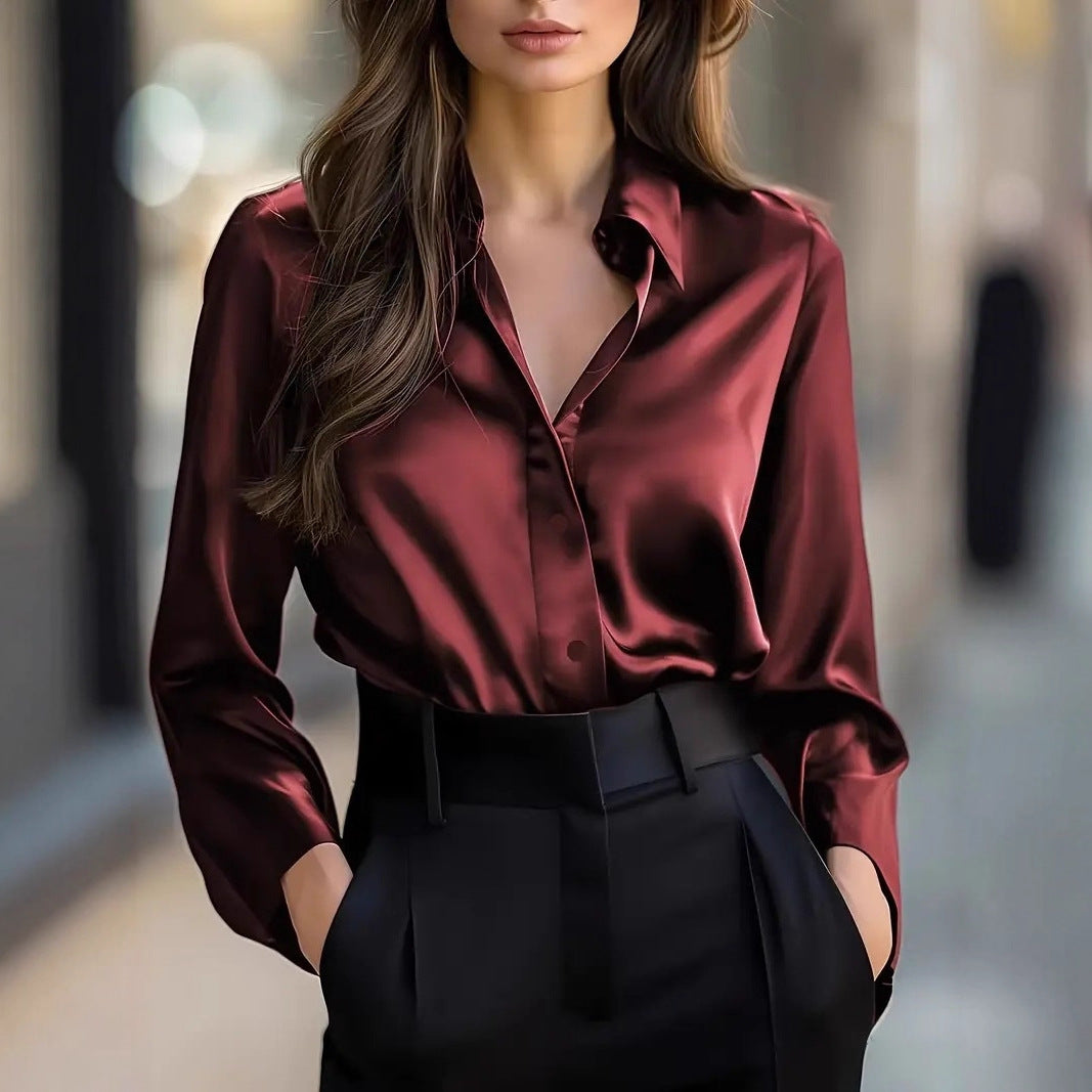 Chemisier élégant satin manches longues boutonné up brillant bureau pour femme