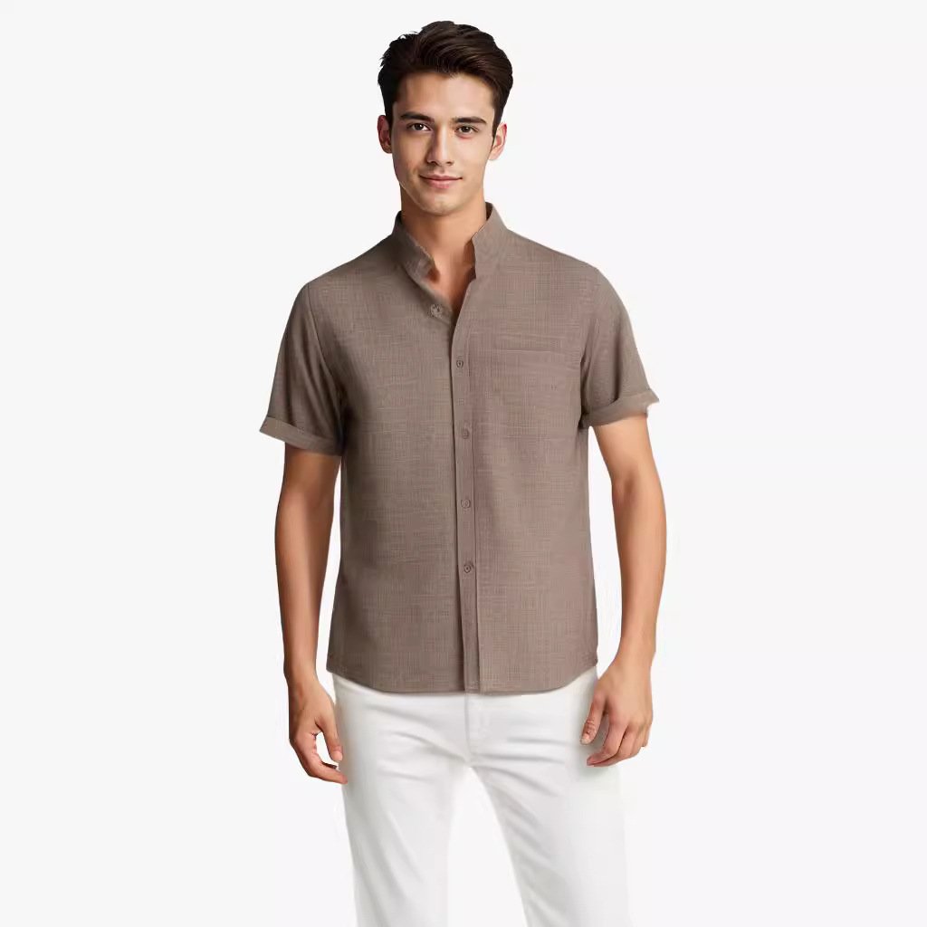 Chemise couleur unie manches courtes à revers en coton et lin été pour homme