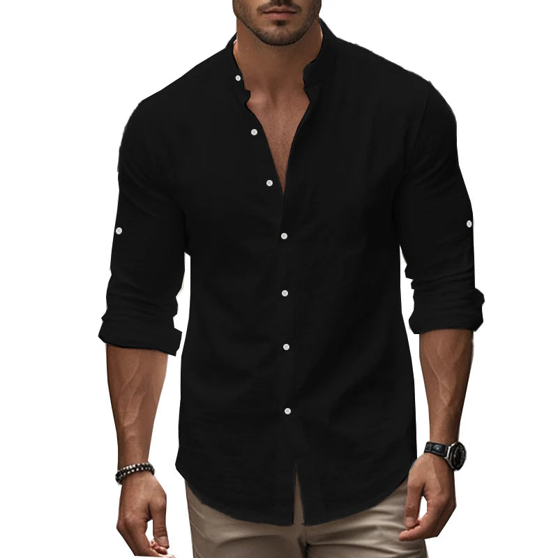 2026 Men's Casual Cotton Standing Collar Long Sleeve Summer Shirt Breathable