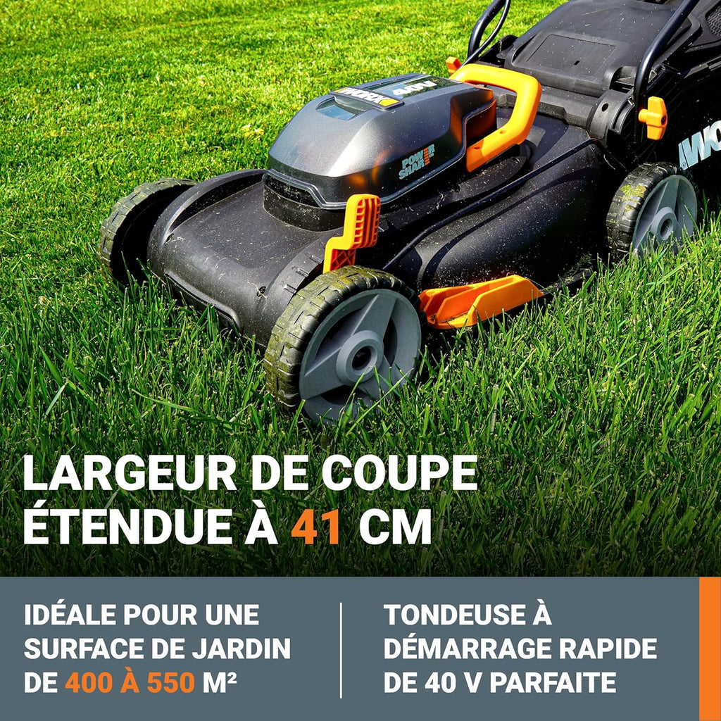 2026 WORX Tondeuse à Gazon sans Fil 40 V (2 x 20 V) Max 40cm WG734E Idéale pour Un Jardin jusqu'à 500m², Powershare, 4 Ah, Technologie IntelliCut Hauteur de Coupe 20-80mm