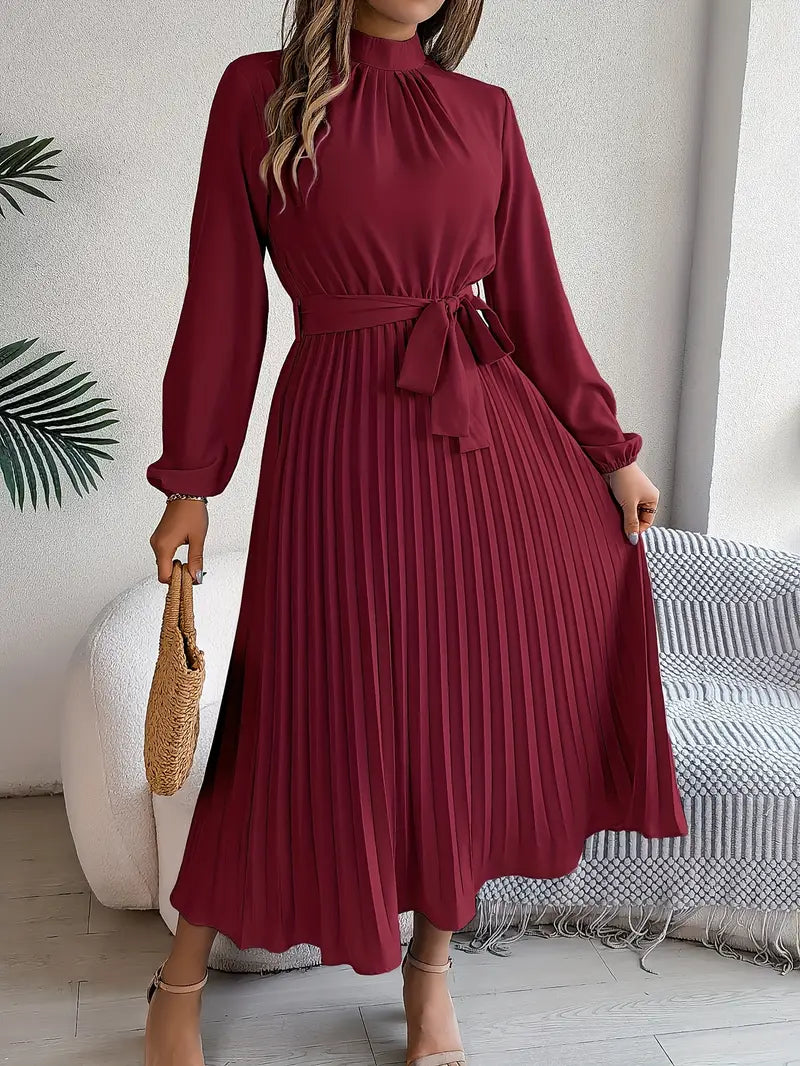 Robe haut de gamme plissé midi ceinturé manches longues pour femme
