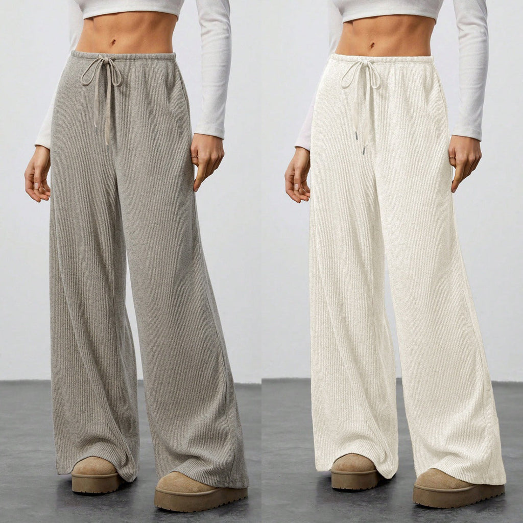 Pantalon couleur unie ample jambes larges à cordon décontracté pour femme