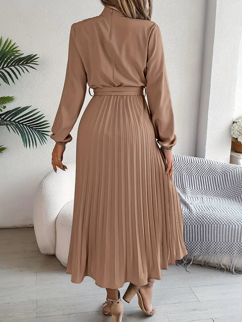 Robe haut de gamme plissé midi ceinturé manches longues pour femme