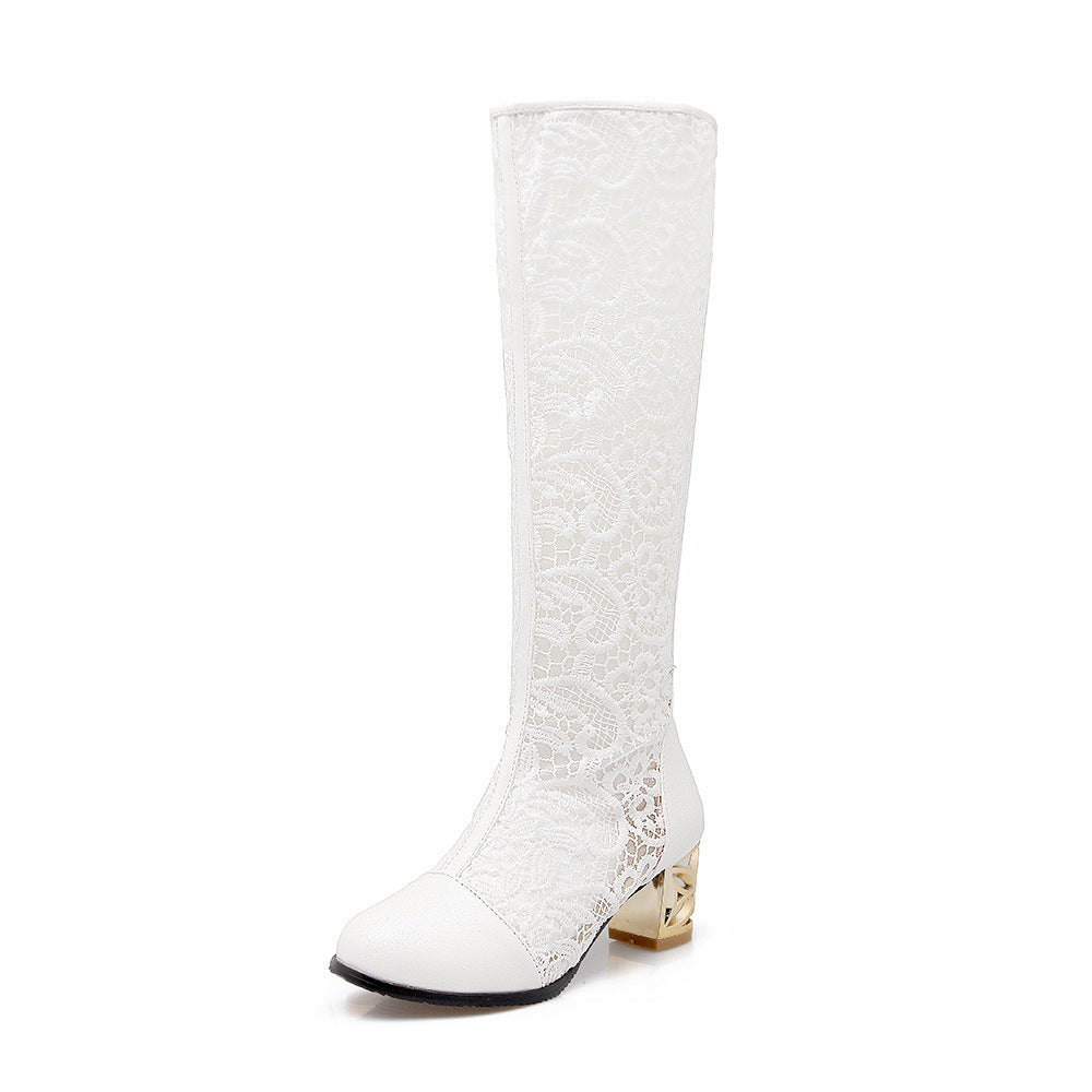 Women's Round Toe Stitching Lace Back Zip Chunky Heel Boots - LAKD London