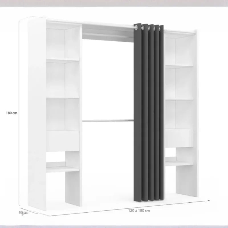 2026 Dressing Extensible Blanc & Gris avec Rideau - tagres - Double Penderie -