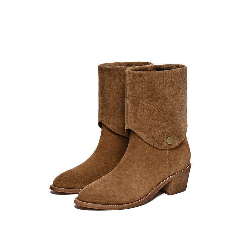 Bottines mat cuir de vachette style western bout pointu court tige haute cheville pour femme