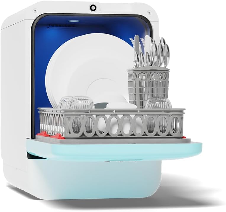 2026 DAAN TECH Bob - Lave-vaisselle Compact 3 Couverts Encastrable - Pose Libre, Avec Réservoir, Portable - Séchage Naturel - Assiette 29 cm - Label Origine France Garantie, Eco-Conçu (Blanc-Rouge)