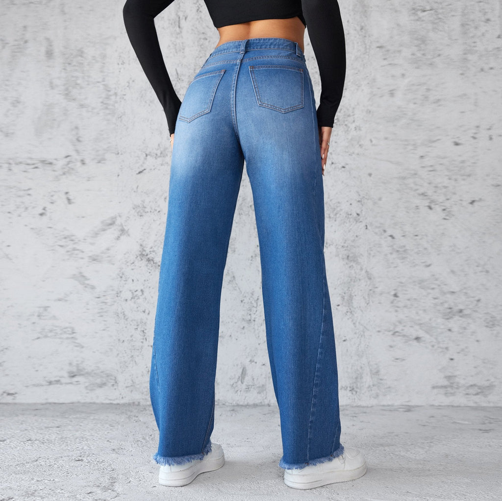 Jean droit jambes larges taille haute décontracté en denim pour femme