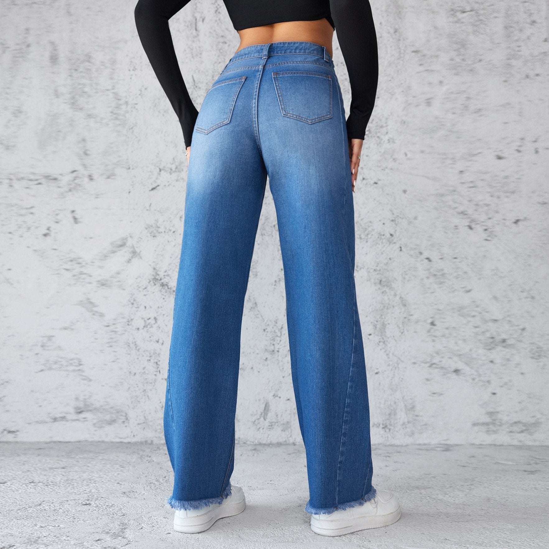 Jean droit jambes larges taille haute décontracté en denim pour femme
