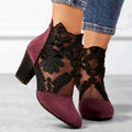Women's floral lace ankle boots with block heels by LAKD, showcasing elegant design and intricate lace details.