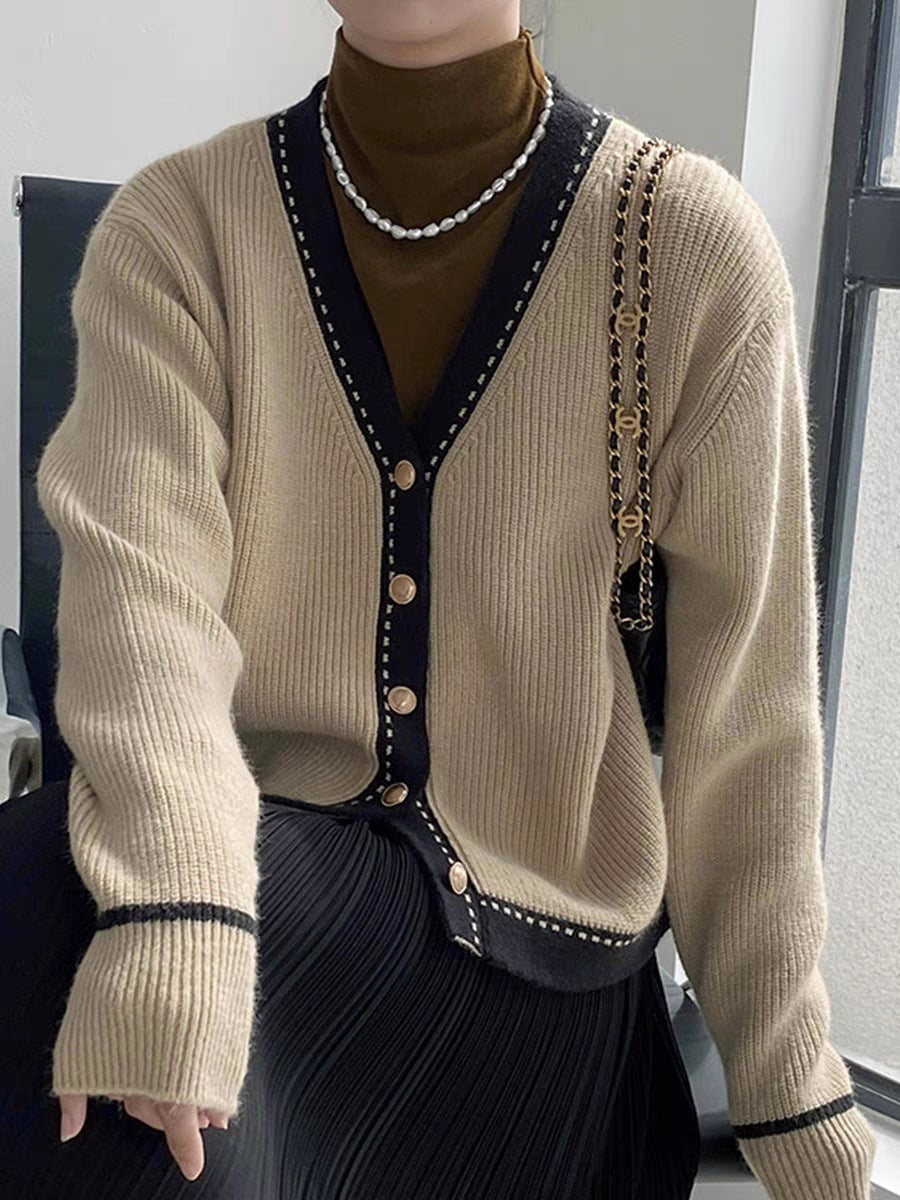 Pull ample col V tricoté slimming bedford cord pour femme