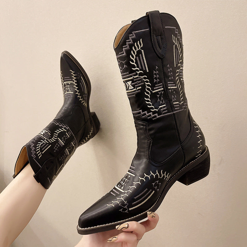 Women's Premium Pointed Toe Cowboy Boots With Thick Heel - LAKD London