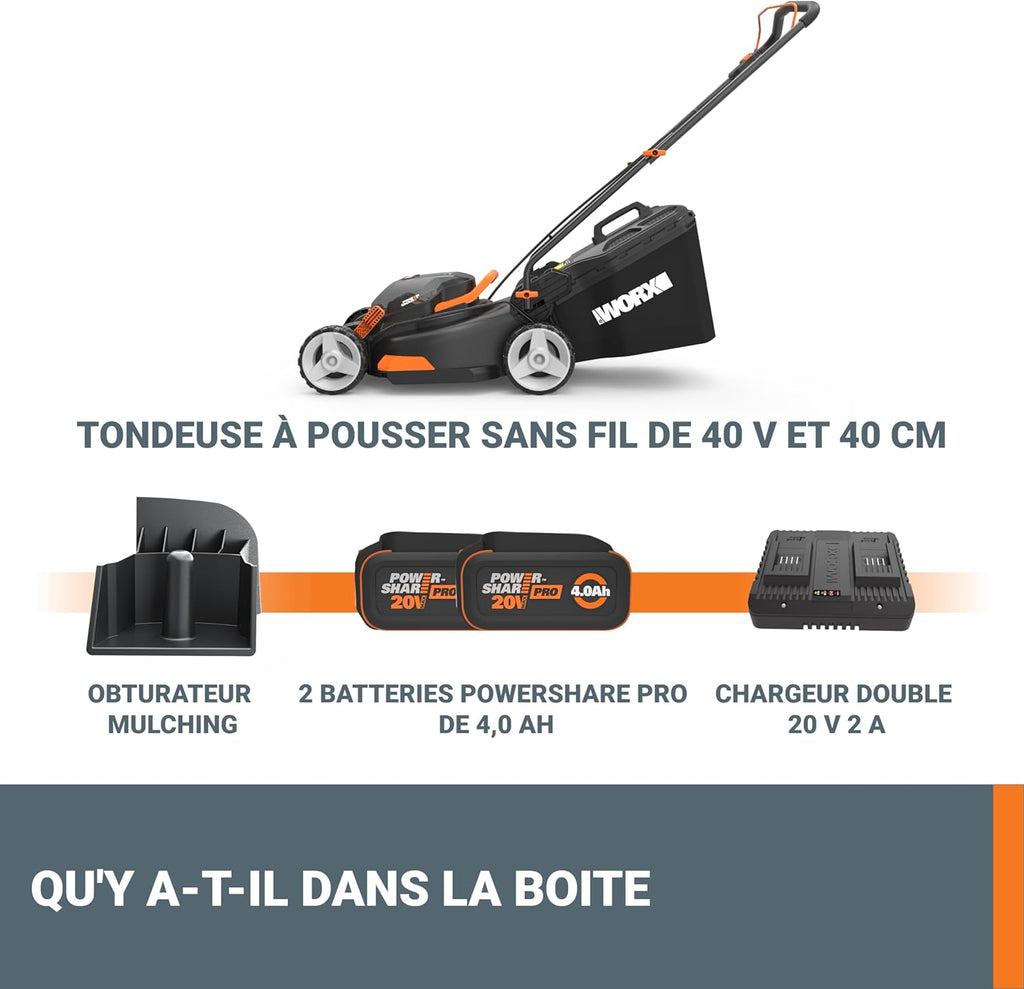 2026 WORX Tondeuse à Gazon sans Fil 40 V (2 x 20 V) Max 40cm WG734E Idéale pour Un Jardin jusqu'à 500m², Powershare, 4 Ah, Technologie IntelliCut Hauteur de Coupe 20-80mm