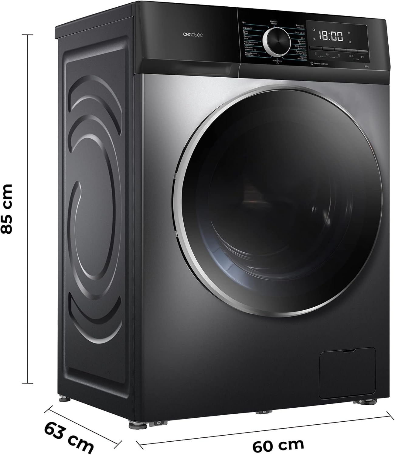 2026 Cecotec Bolero Dresscode 10500 Inverter Steel A. Lave-linge 10 kg Steel, 1400 tr/min, Moteur Inverter Plus, Vapeur, Classe A.