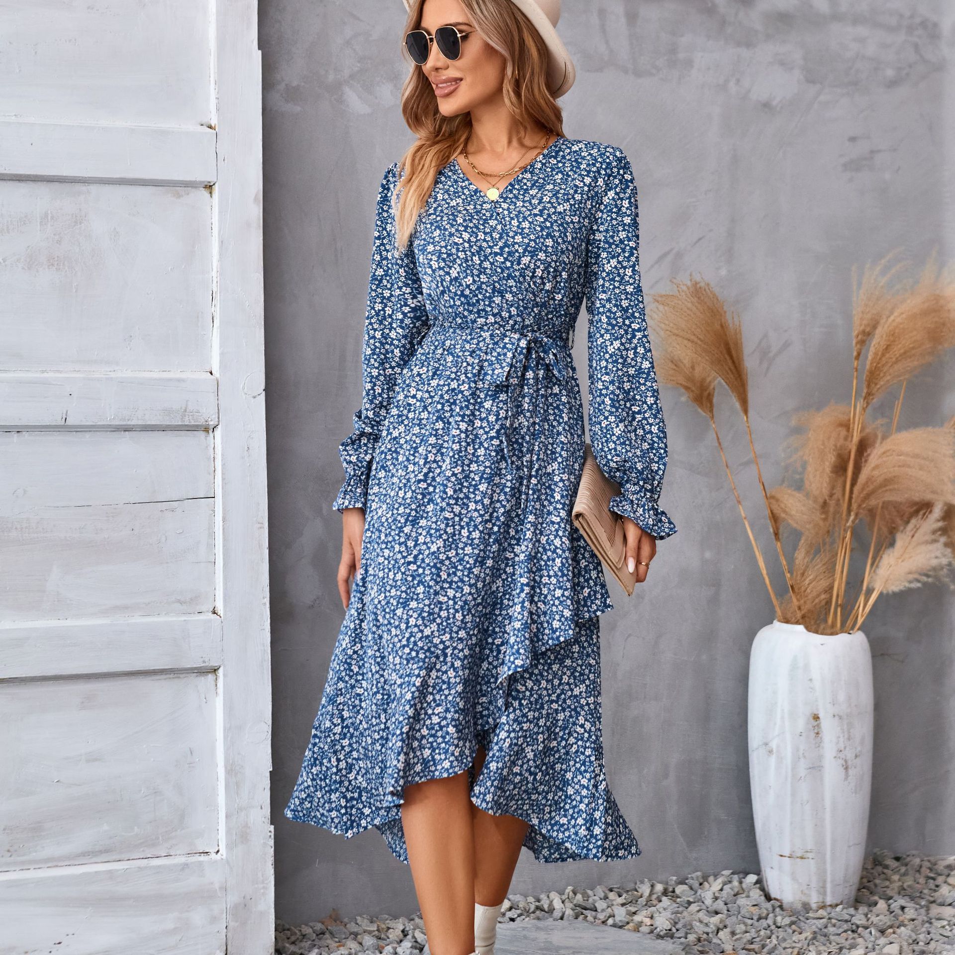 Robe fleuri imprimé manches longues à volants midi ville élégant pour femme