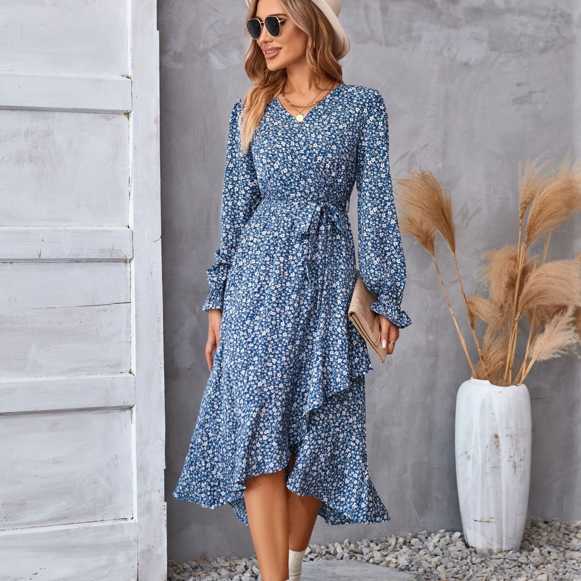 Robe fleuri imprimé manches longues à volants midi ville élégant pour femme