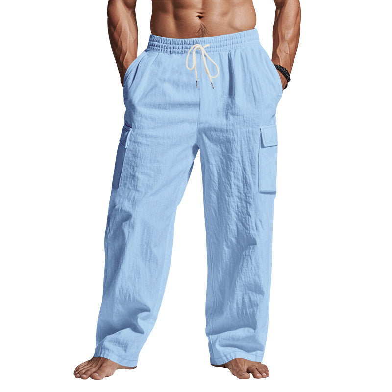 Men's Multi-Pocket Linen Cargo Trousers Straight Leg Casual Wear - LAKD London
