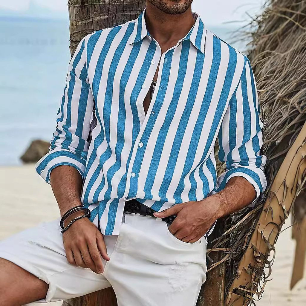 Chemise rayé manches longues en coton été décontracté respirant pour homme
