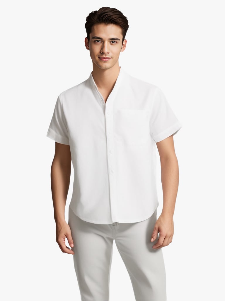 Chemise couleur unie manches courtes à revers en coton et lin été pour homme