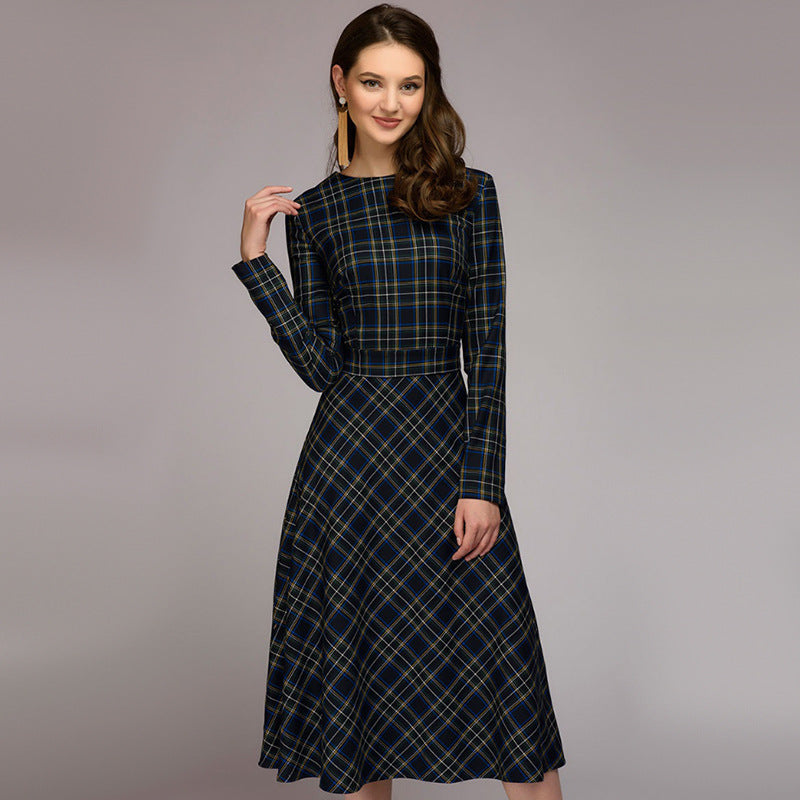 Robe à carreaux élégant midi intemporel chic décontracté pour femme