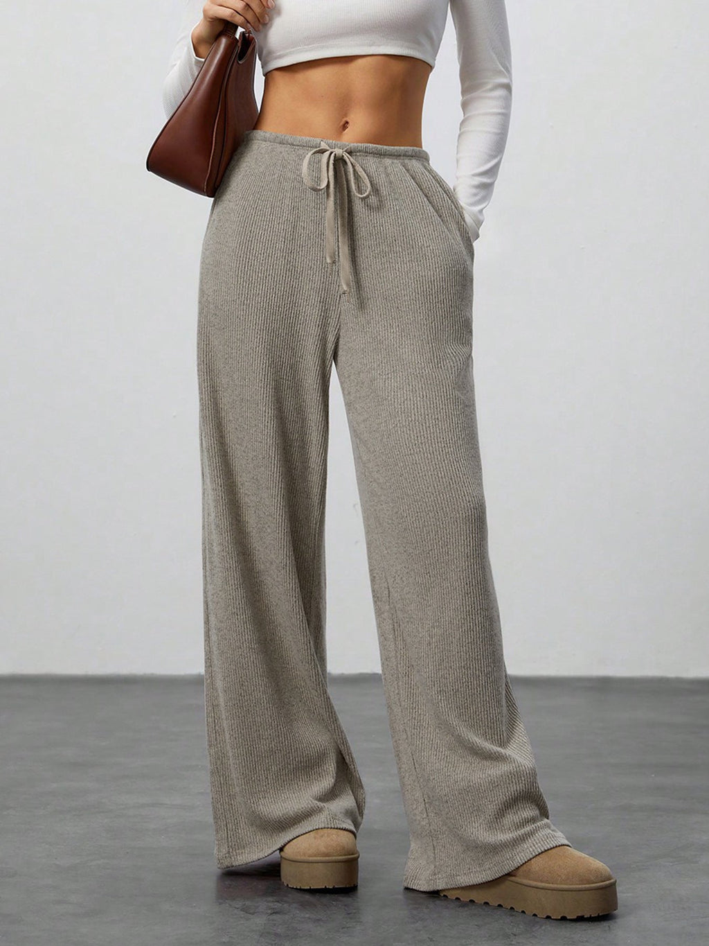 Pantalon couleur unie ample jambes larges à cordon décontracté pour femme