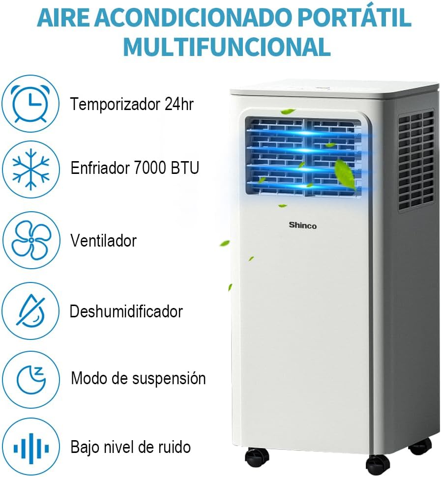 2026 SHINCO Climatiseur mobile, 7000 BTU 2,05kW, Refroidir&Ventilation&Déshumidification, taille de la pièce jusqu'à 54m³(18㎡), Climatiseur mobile avec tuyau d'évacuation et tuyau de vidange, mode sommeil