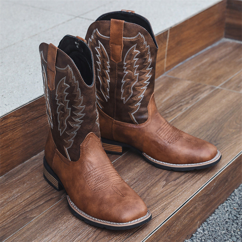 Bottes style western en denim brodé en cuir tendance confortable pour homme