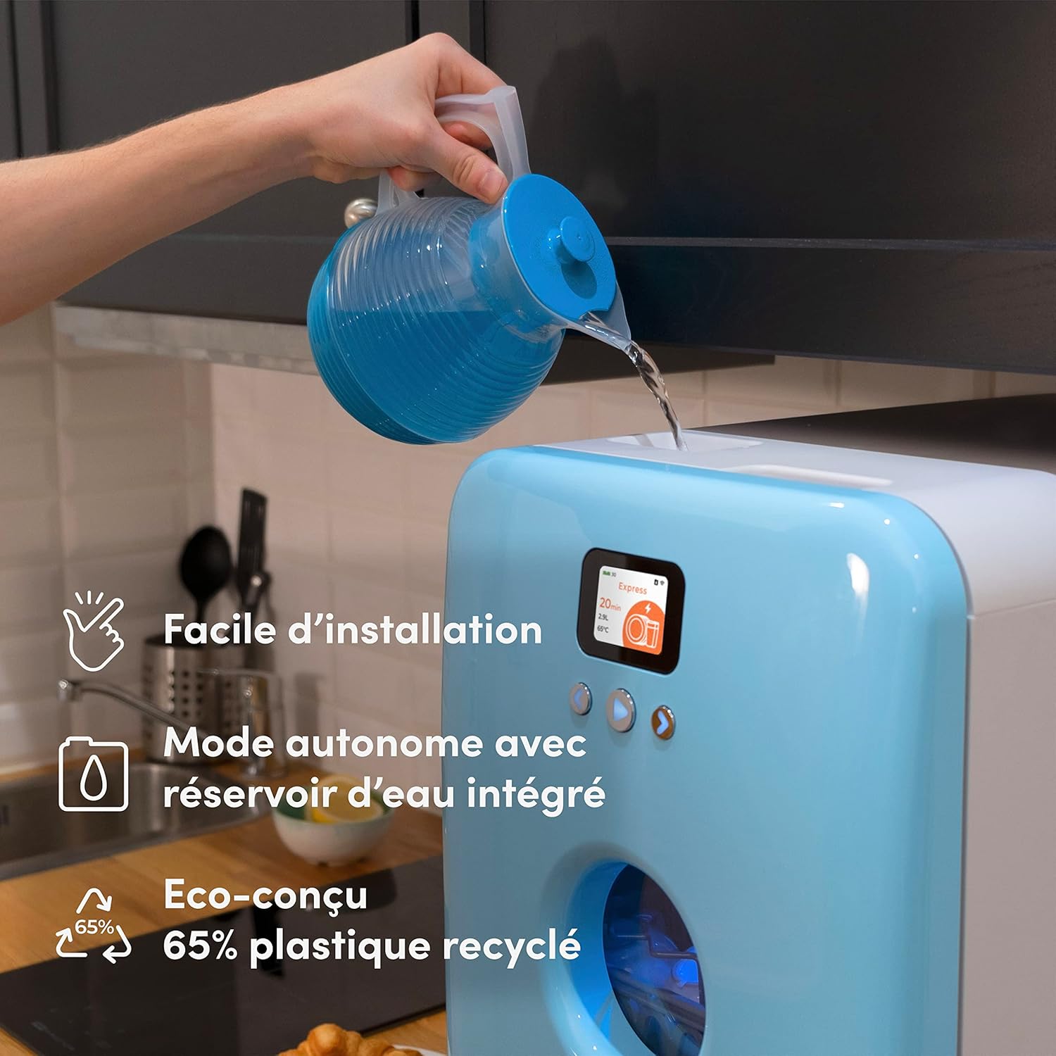 2026 DAAN TECH Bob - Lave-vaisselle Compact 3 Couverts Encastrable - Pose Libre, Avec Réservoir, Portable - Séchage Naturel - Assiette 29 cm - Label Origine France Garantie, Eco-Conçu (Blanc-Rouge)
