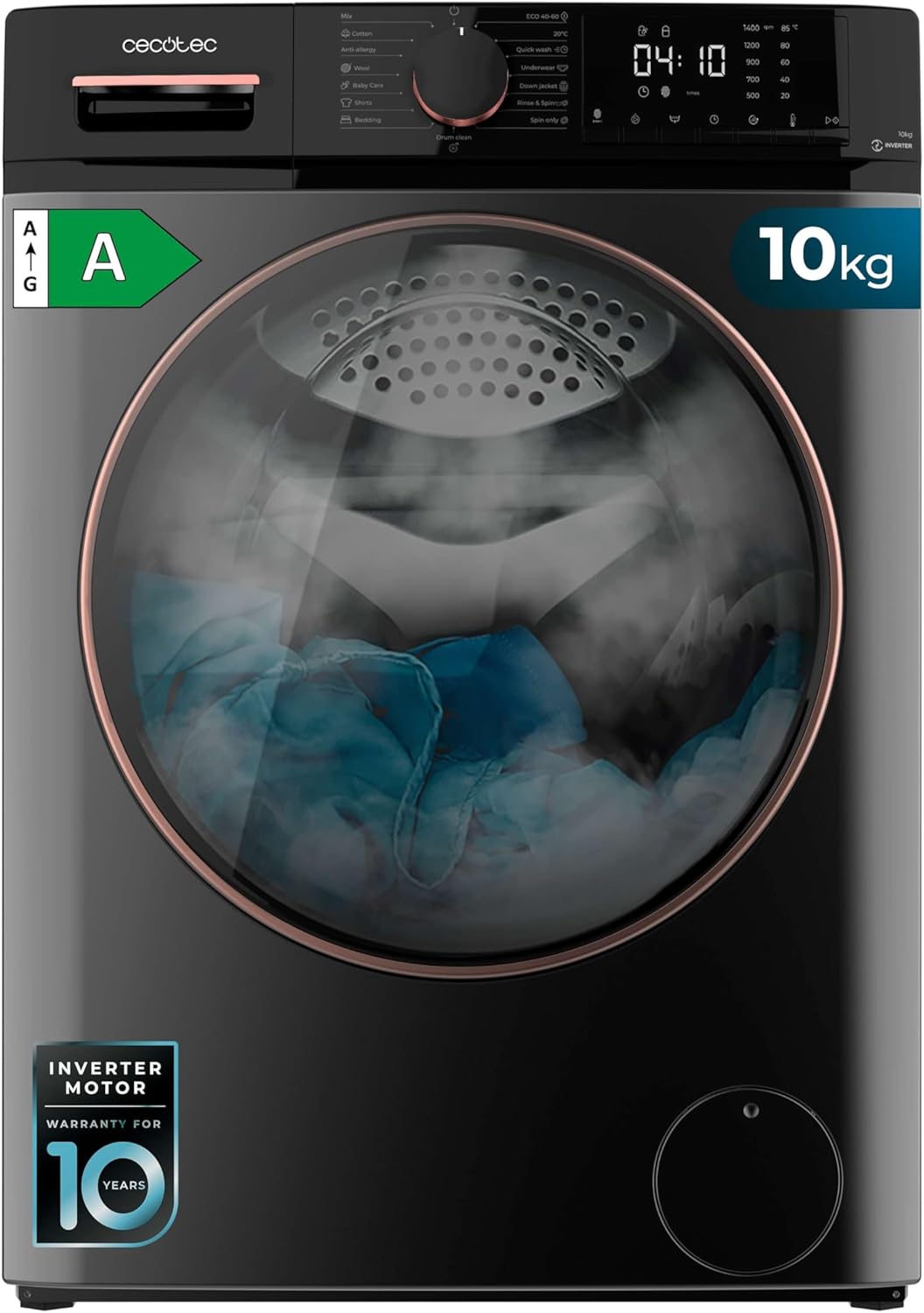 2026 Cecotec Lave-linge 10Kg Bolero DressCode 10610 Inverter Steel A. Chargement Frontale, 1400 RPM, Steam Max, Motor Inverter Plus, 15 Programmes, OnSmart, Stop&Go, Caoutchouc Antibactérien, Drum Clean