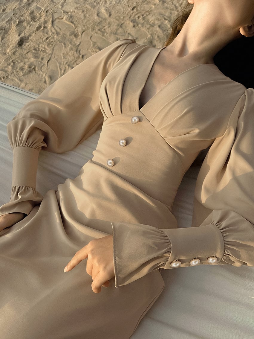Robe col V coupe ajustée élégant français chiffon midi pour femme