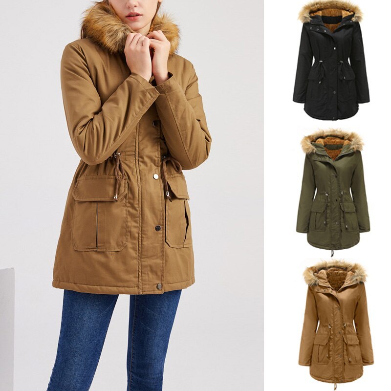 Veste à capuche col en fourrure en velours doublé medium hiver pour femme