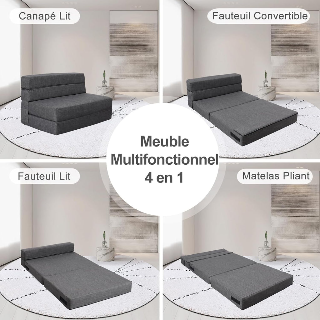 2026 ANONER Canapé Convertible 2 Places 150cm de Large, Pliable en Mousse à Mémoire de Forme & 2 Oreillers, Lit Pliant de Sol pour Chambre Salon, Gris Foncé