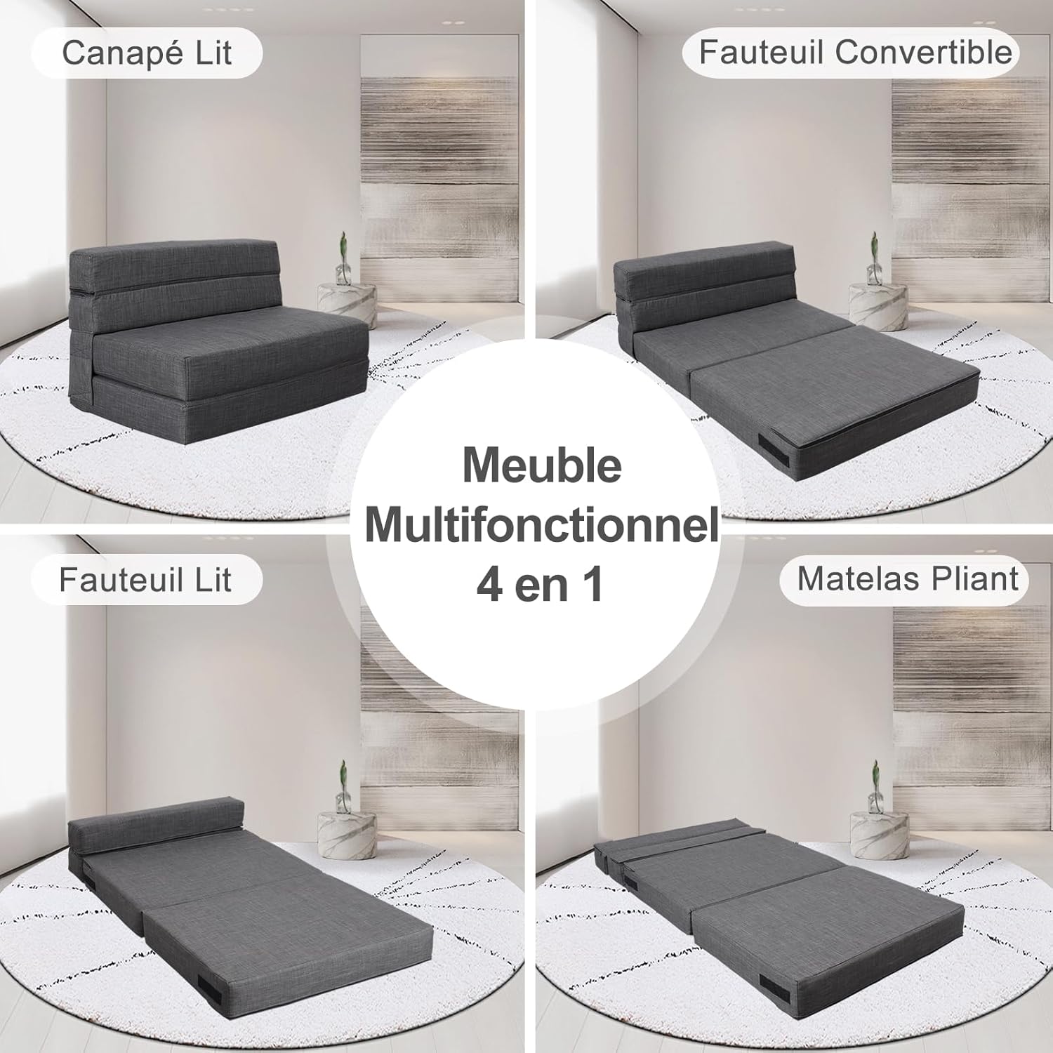 2026 ANONER Canapé Convertible 2 Places 150cm de Large, Pliable en Mousse à Mémoire de Forme & 2 Oreillers, Lit Pliant de Sol pour Chambre Salon, Gris Foncé