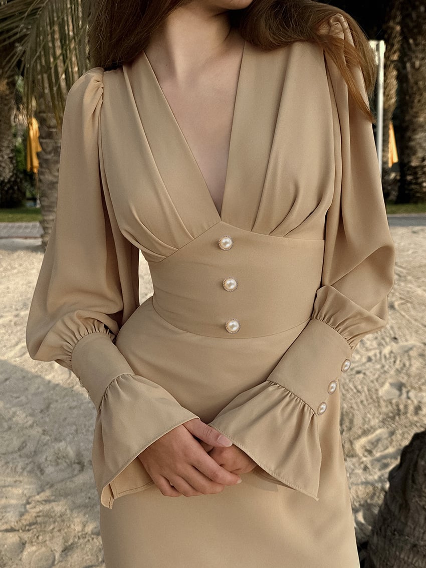 Robe col V coupe ajustée élégant français chiffon midi pour femme