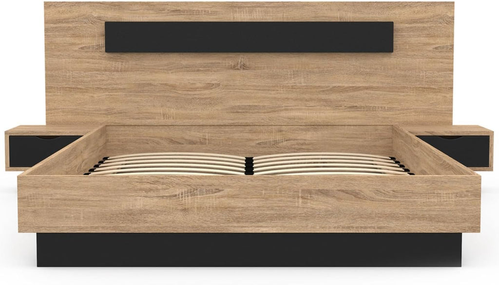 2026 Lit Coffre Santa avec Tables de chevets intégrées et sommier 140x190cm Couleur Bois et Noir