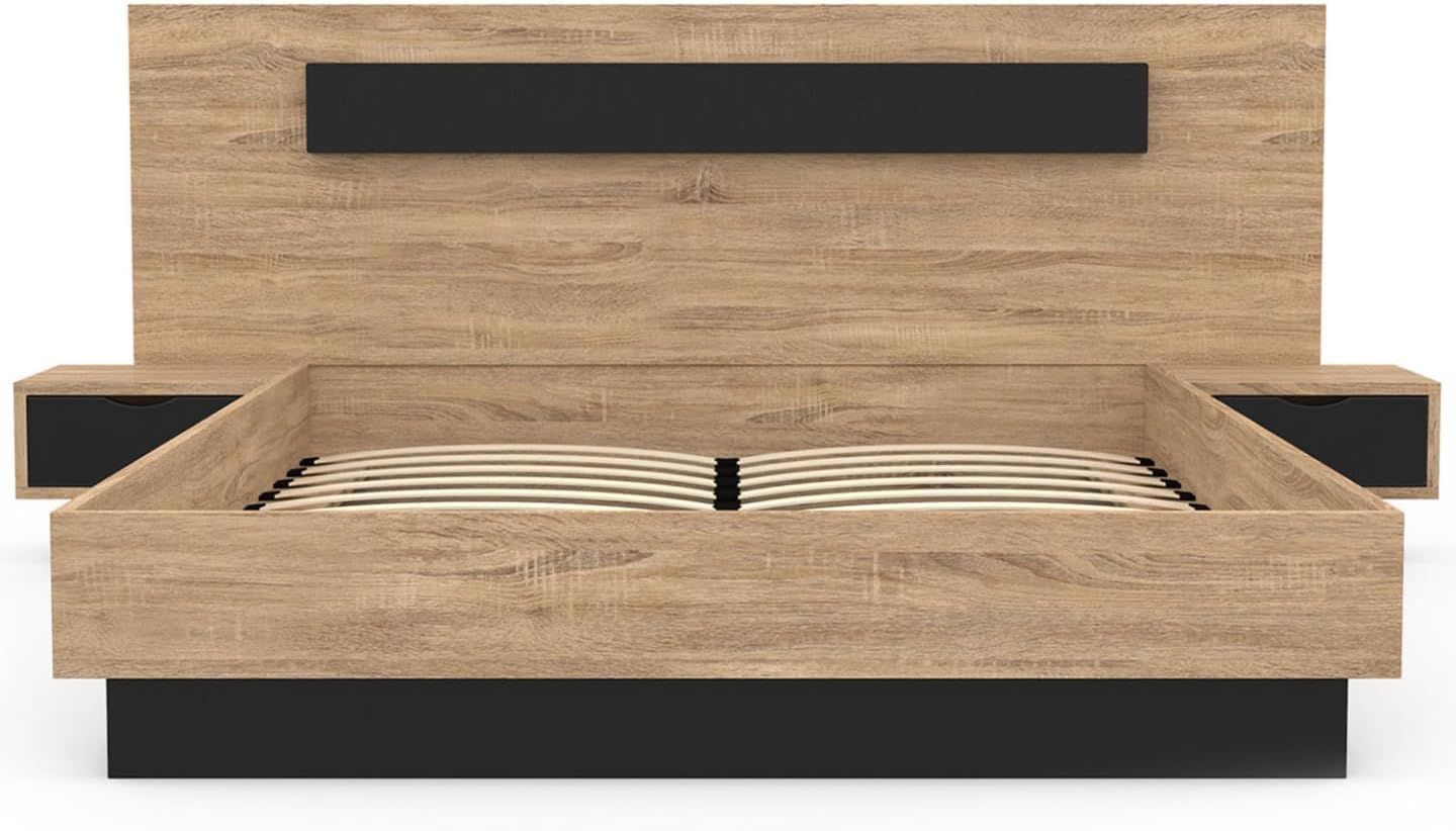 2026 Lit Coffre Santa avec Tables de chevets intégrées et sommier 140x190cm Couleur Bois et Noir