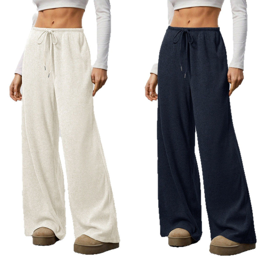 Pantalon couleur unie ample jambes larges à cordon décontracté pour femme