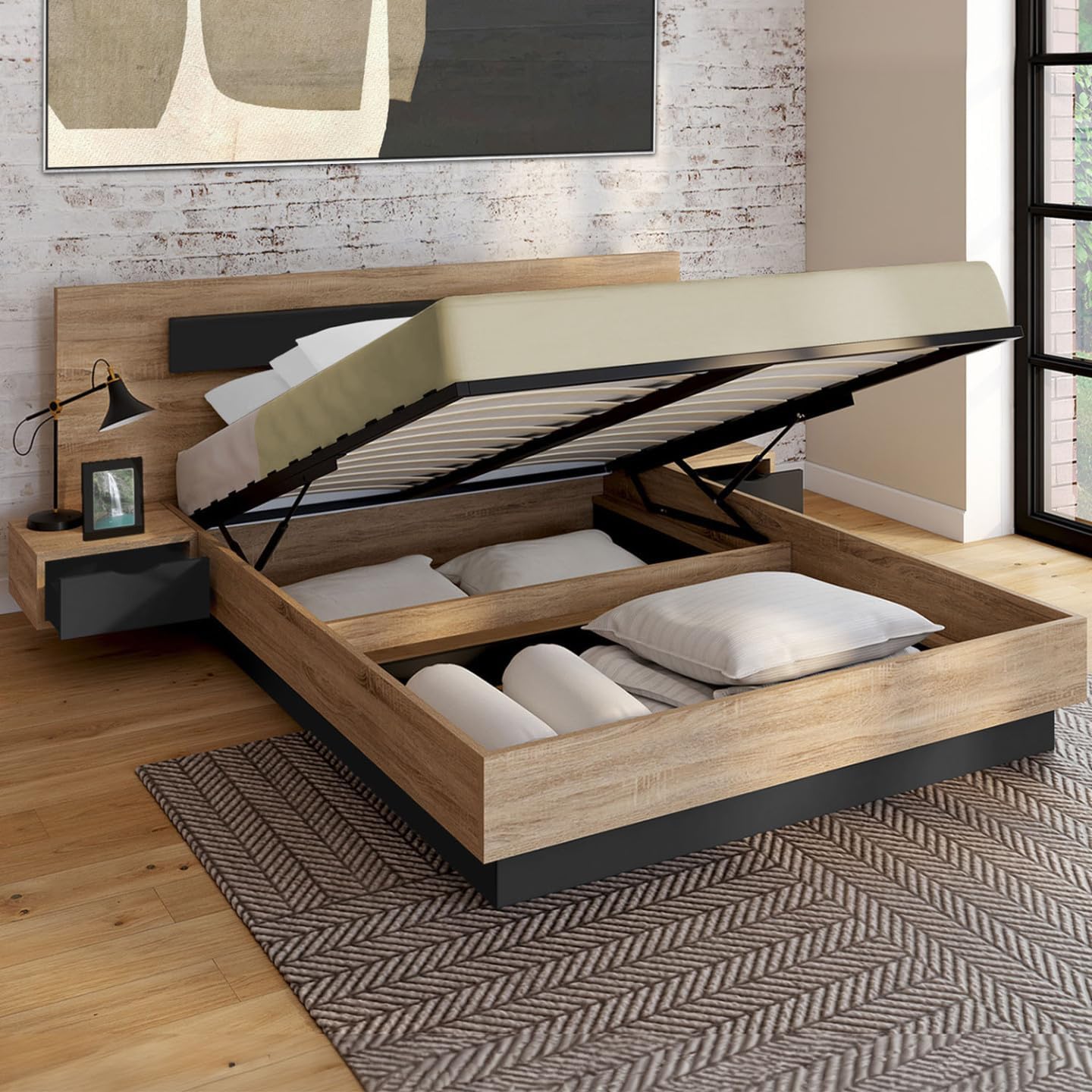 2026 Lit Coffre Santa avec Tables de chevets intégrées et sommier 140x190cm Couleur Bois et Noir