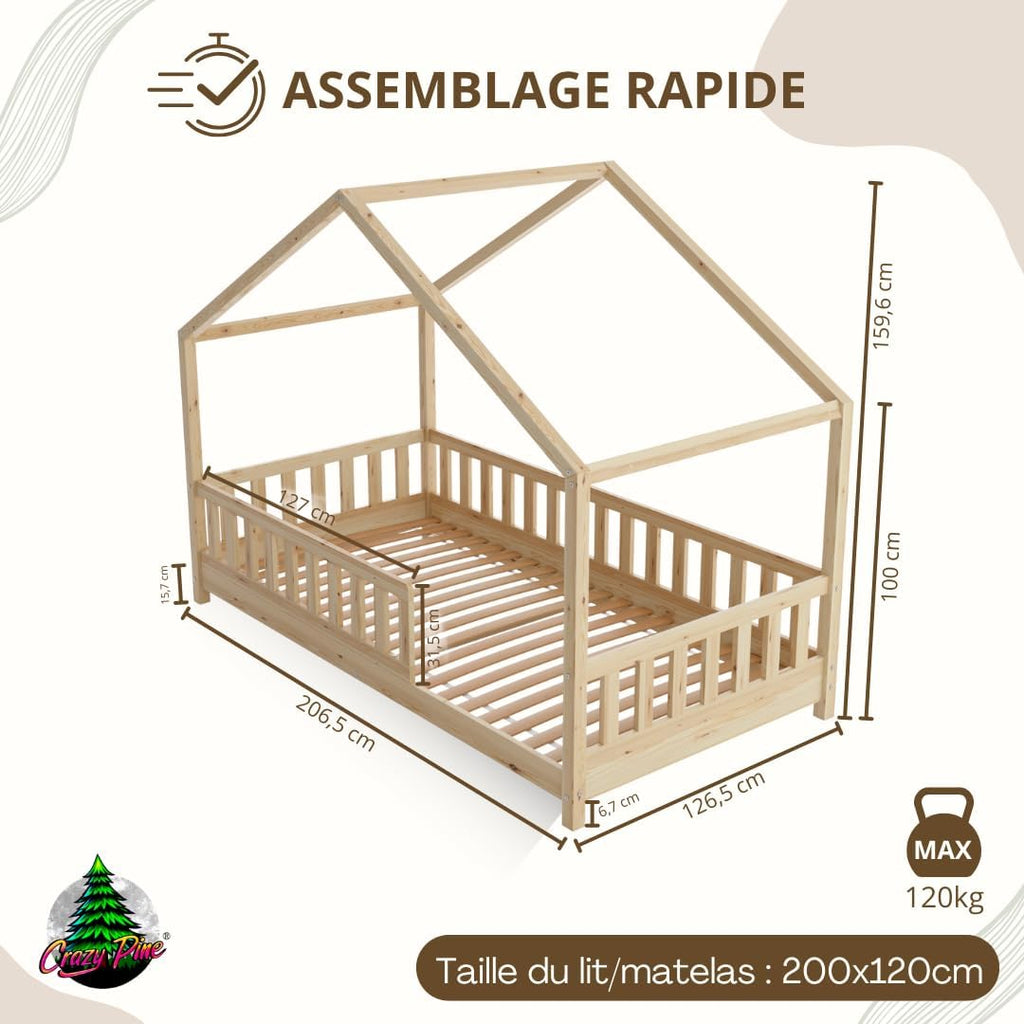 2026 Lit cabane Crazy Pine Crazy House avec tiroirs 190 x 90 cm &ndash; Lit enfant en bois naturel avec barri&egrave;re &ndash; Lit Montessori au sol avec rangement suppl&eacute;mentaire et barri&egrave;re amovible