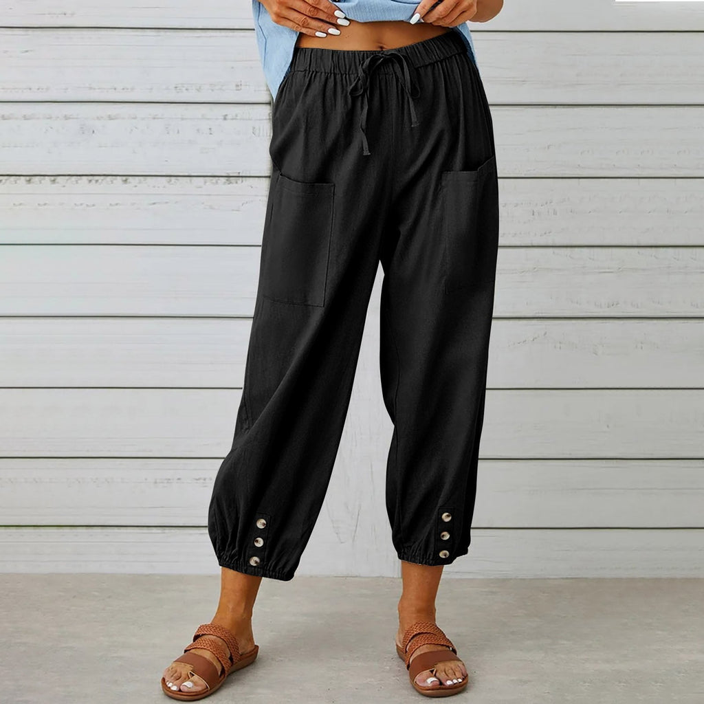 Pantalon à cordon à nouer en coton et lin poches décontracté pour femme